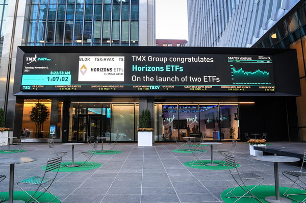 캐나다 토론토 증권거래소 전광판에 표시된 Horizons ETFs 신규 상장 축하 메시지