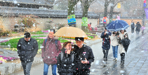 16일 전주를 비롯한 도내 전역에 오랜만에 눈이 펑펑 쏟아지고 있는 가운데 전주한옥마을 태조로에서 시민들이 우산을 쓰고 발길을 재촉하고 있다.  백병배기자