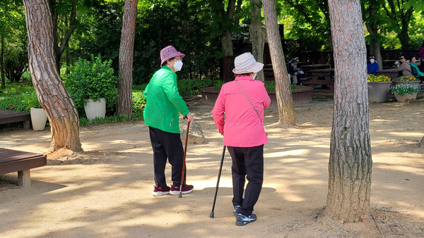 마음 둘 곳 없이 이곳 저곳으로 걷다 보면 하루가 유달리 느리게 흘러가는 노인들이 25일 전주시 한 공원에서 산책을 즐기고 있다. 백병배기자